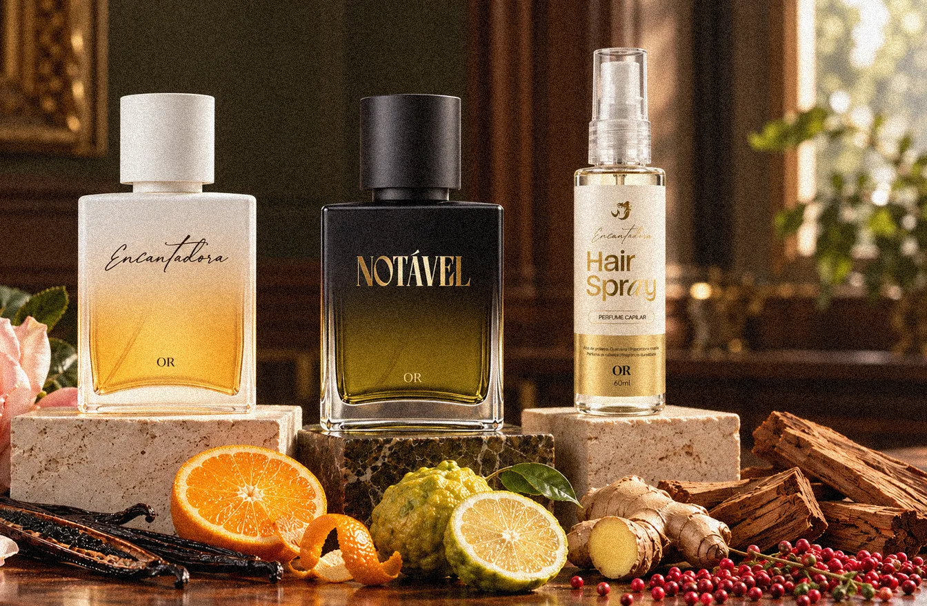 Frascos de Encantadora, Notável e Hair Spray entre as notas das fragrâncias