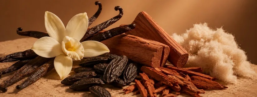 Baunilha, fava tonka e sândalo
