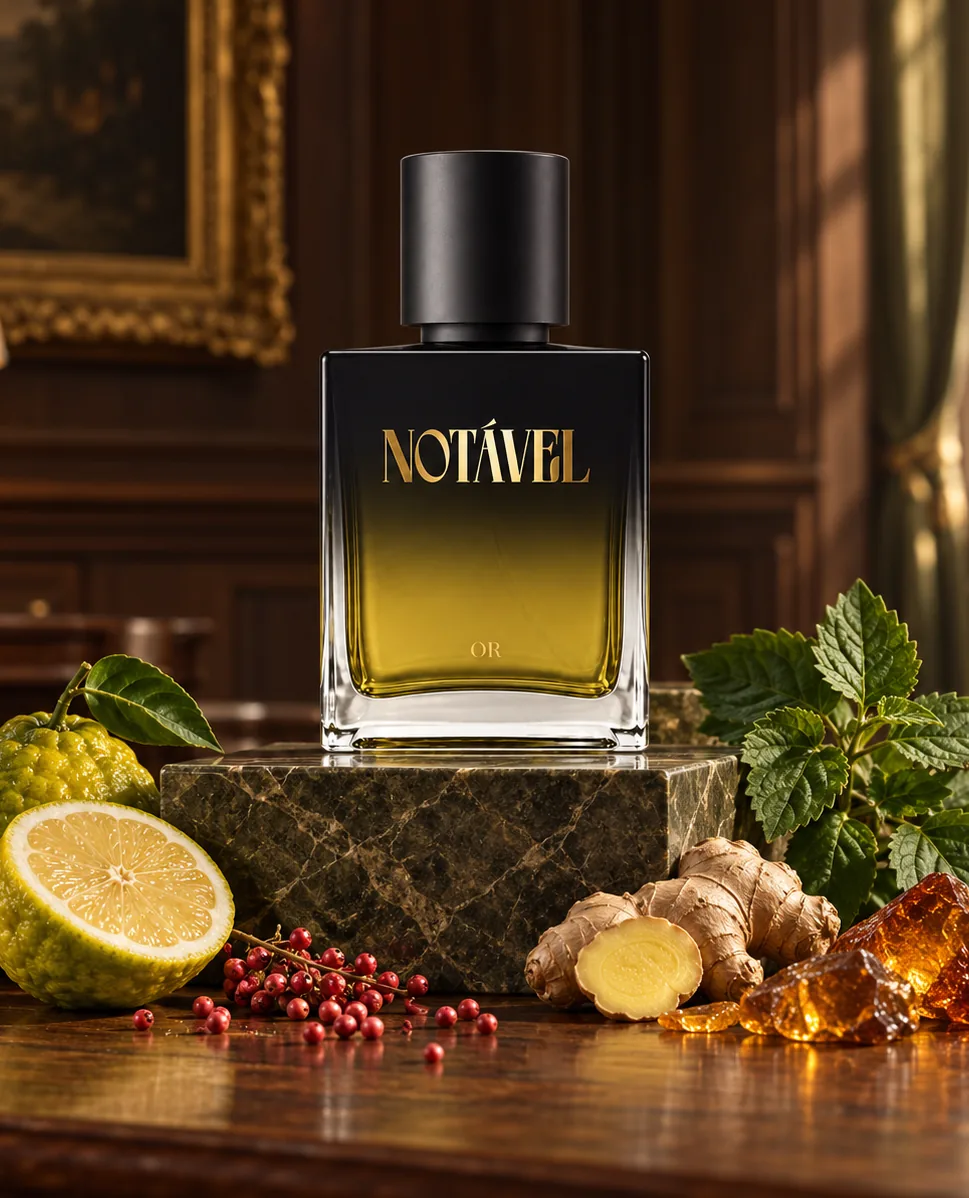 Perfume Notável entre bergamota, pimenta rosa e gengibre